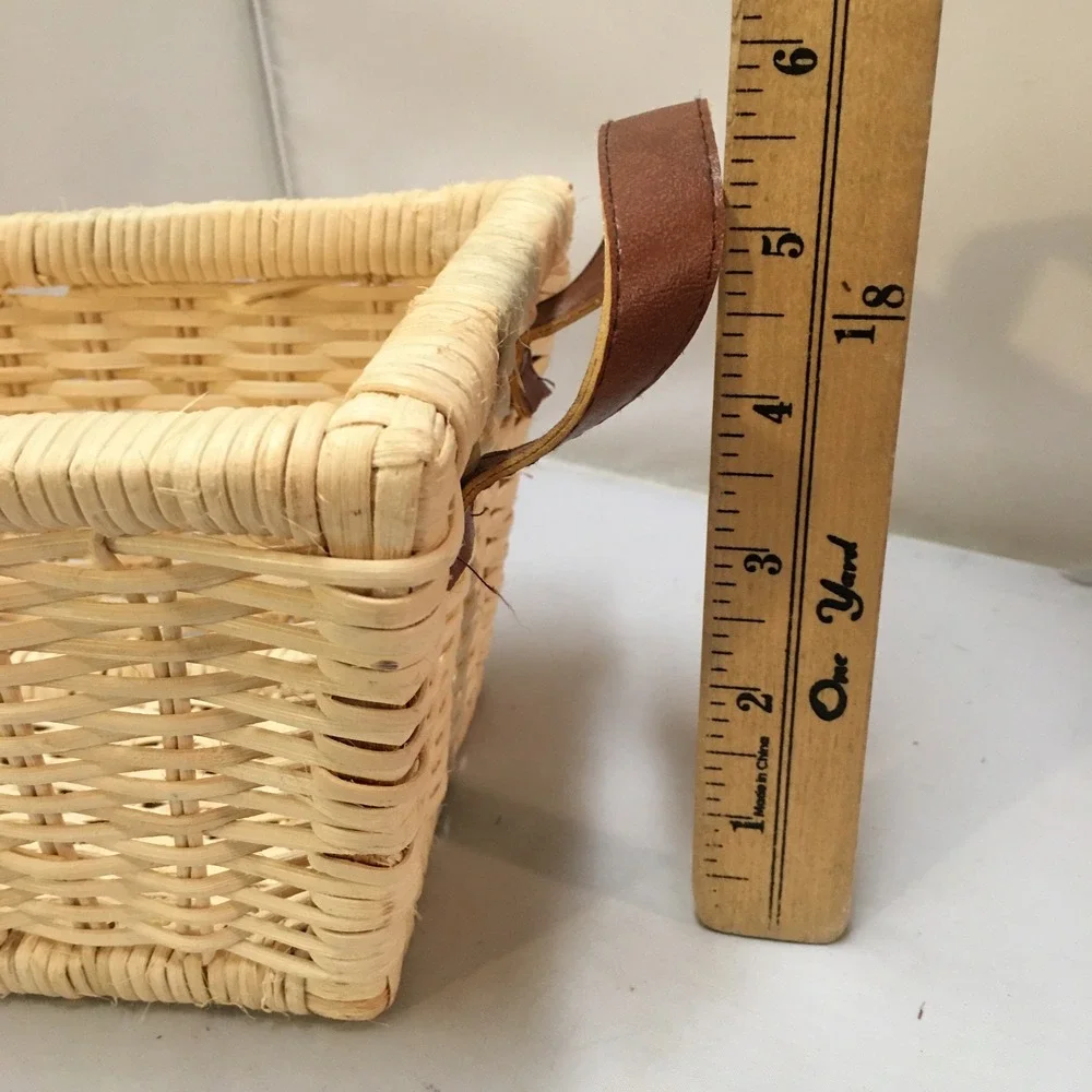 Woven Wicker Storage Basket Unisex Small Natural Tan Leather Handles Cottagecore